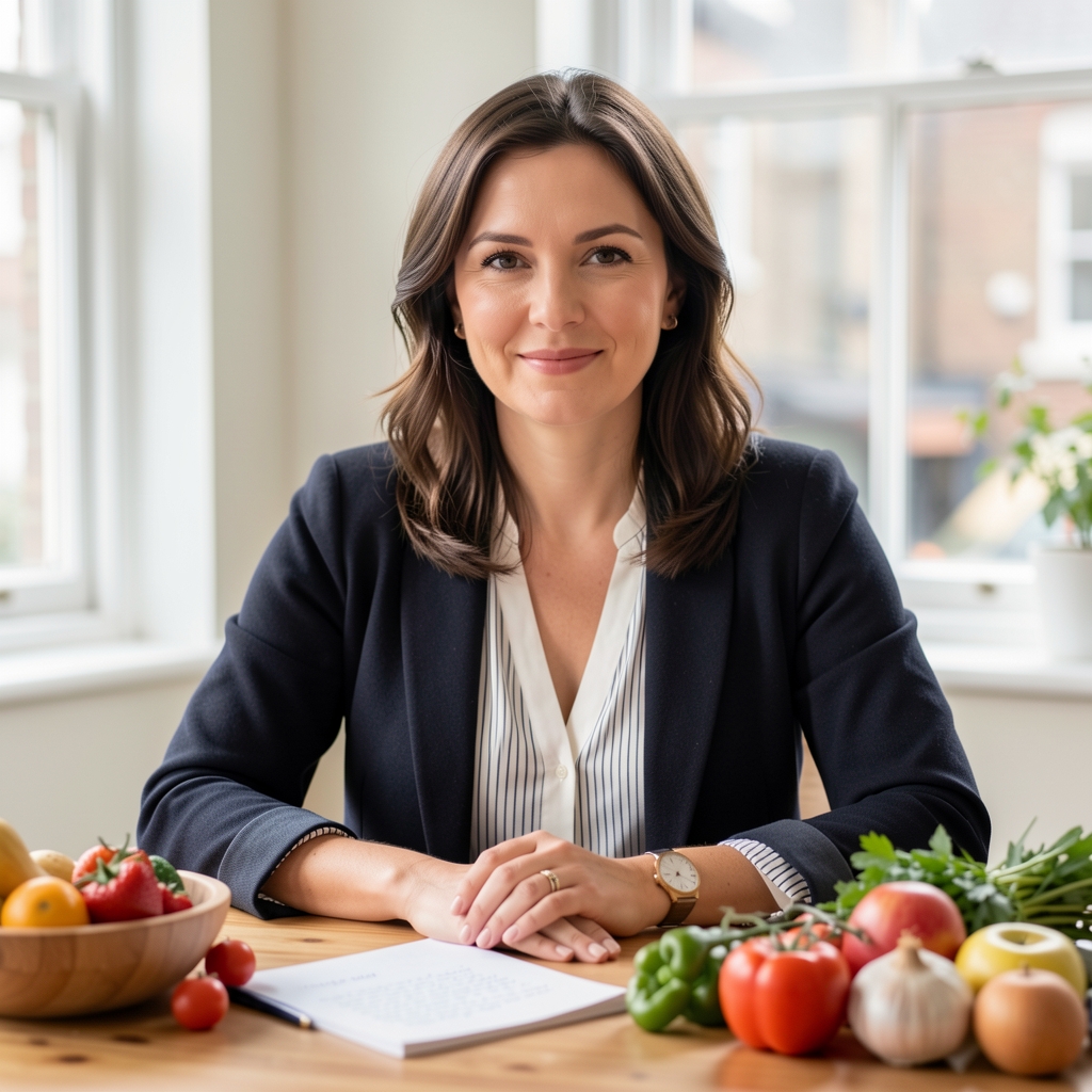 Portrait of a nutritionist in a light-filled London studio, seated at a wooden table with seasonal ingredients and handwritten notes visible in the foreground