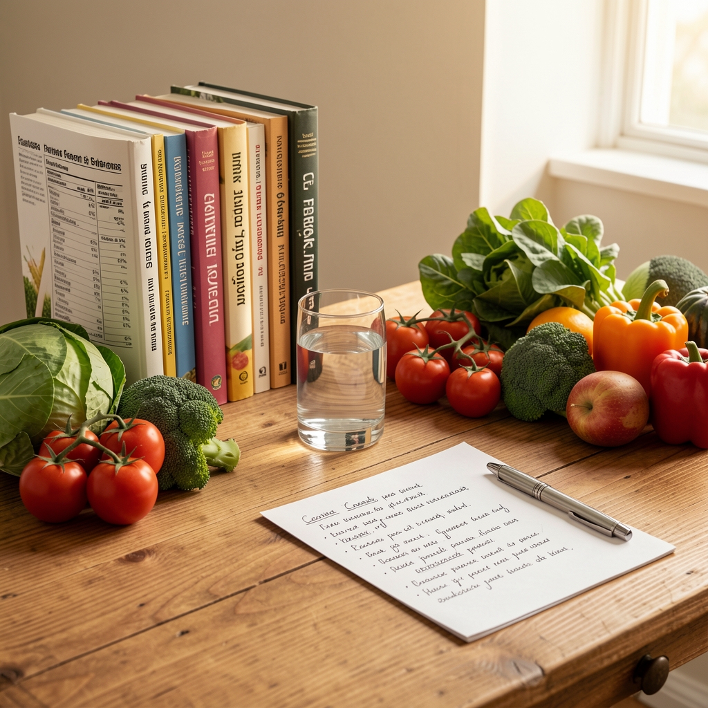 Studio workspace showing a wooden desk with nutritional reference books, seasonal vegetables, a glass of water, and handwritten food composition notes in warm natural light