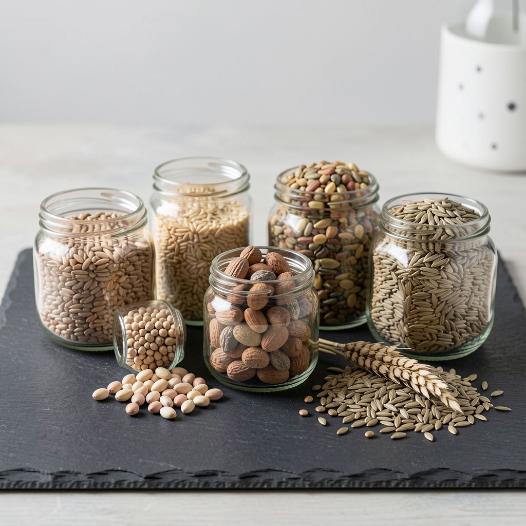 A selection of whole grains, dried legumes, and seed varieties arranged in small glass jars on a dark slate surface in a clean workspace