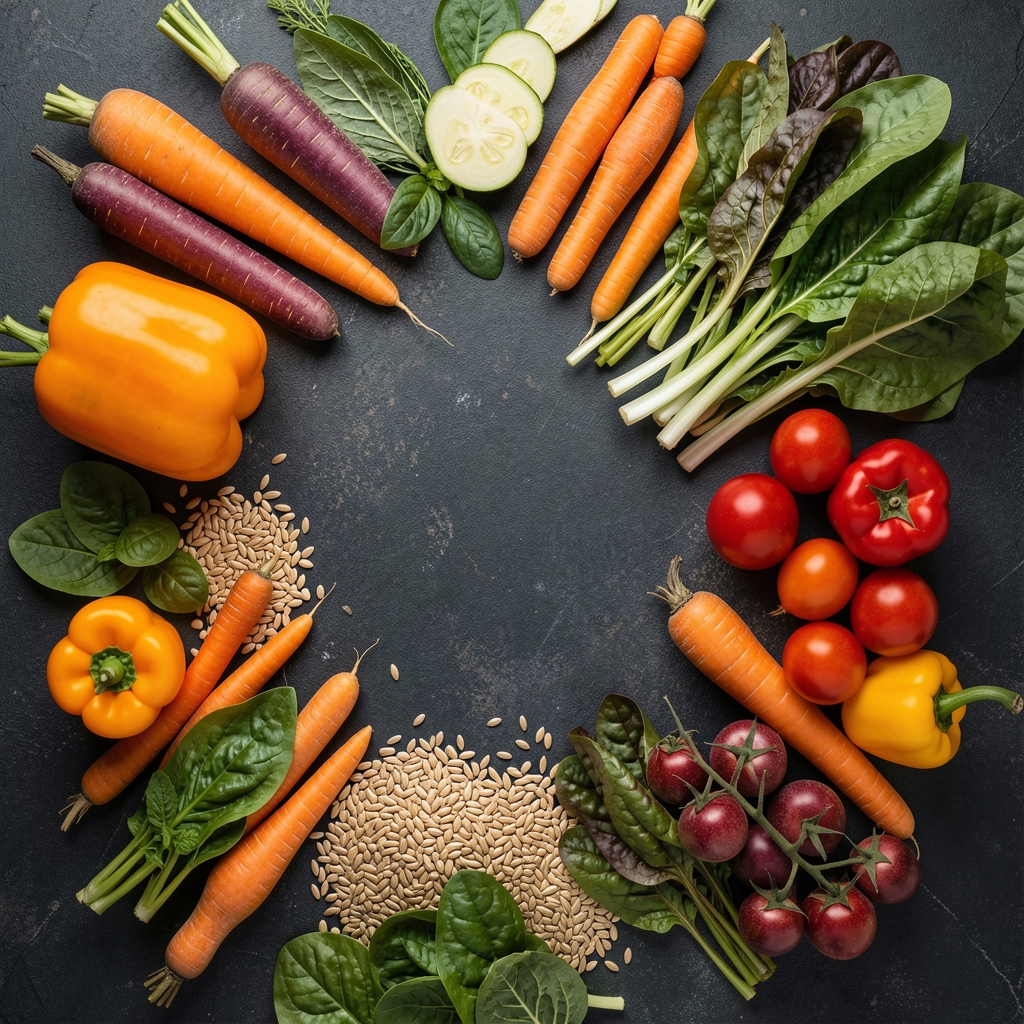 An artfully arranged display of colourful seasonal vegetables, whole grains, and leafy greens viewed from above on a dark textured surface