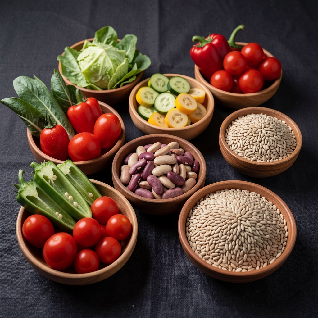 A vibrant spread of seasonal vegetables, legumes, and whole grains arranged in small bowls on a dark linen surface