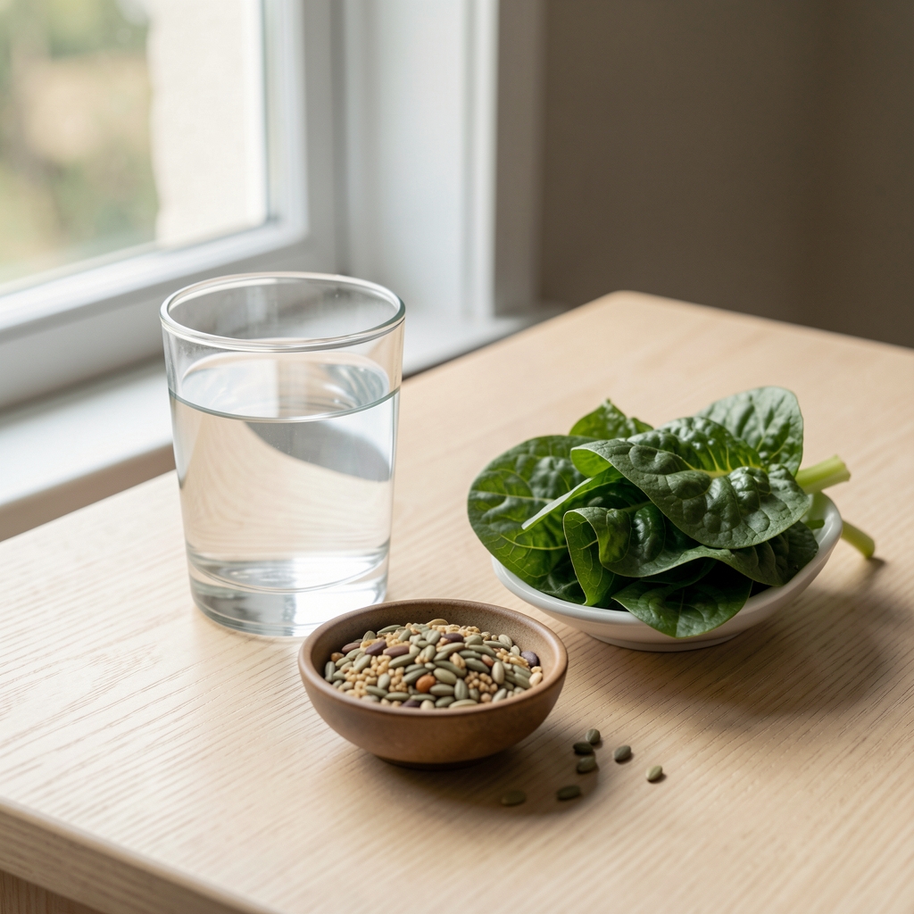 A morning ritual arrangement — a glass of water, a small bowl of mixed seeds, and a green leafy vegetable on a pale wooden table beside a window